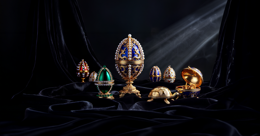 Elegant display of luxury collectibles featuring handcrafted Fabergé-style decorative eggs, crystal figurines, and ornate keepsake boxes on dark background showcasing premium craftsmanship and timeless beauty