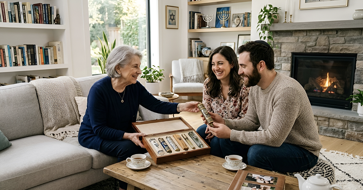 Multi-generational family sitting together on a cozy living room sofa examining luxury heirloom collectibles and sharing memories in an elegant home setting with fireplace and bookshelves
