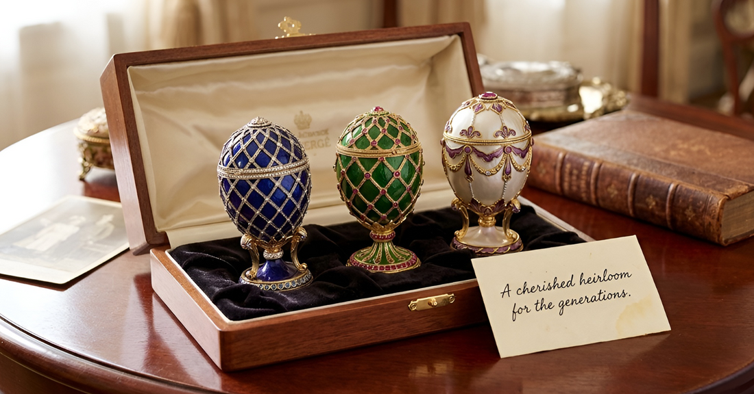 Three ornate Fabergé-style decorative eggs displayed in elegant wooden gift box