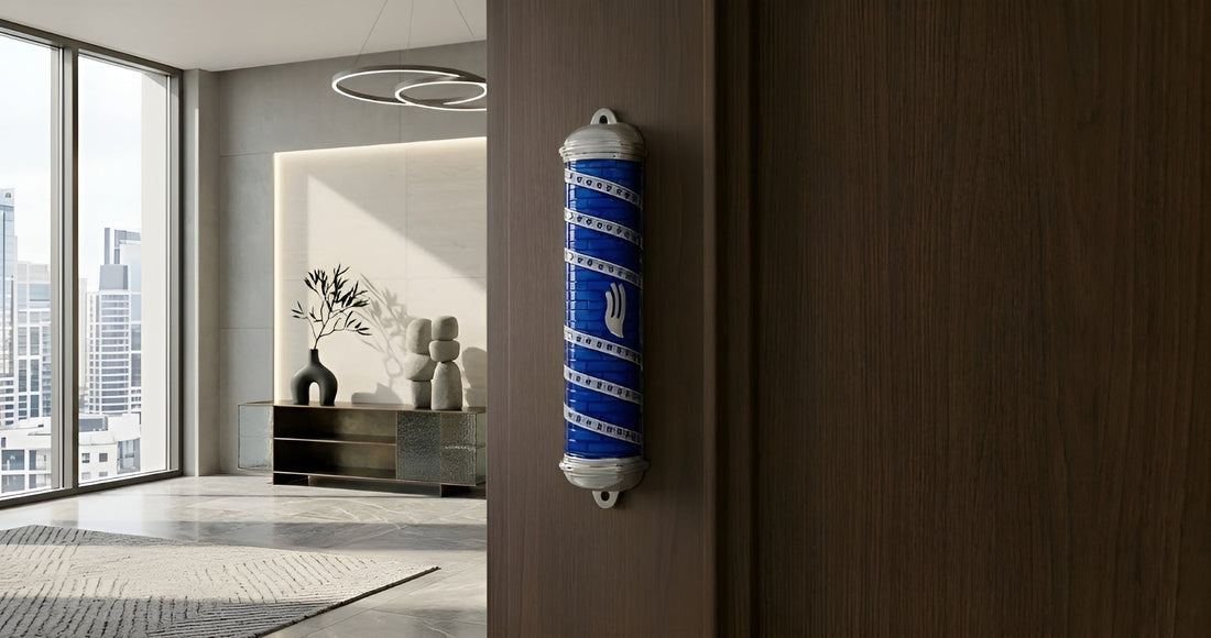 Decorative mezuzah case affixed to doorpost - traditional Jewish symbol of faith and home protection