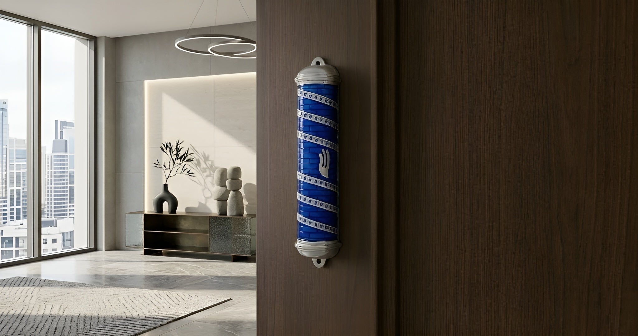Decorative mezuzah case affixed to doorpost - traditional Jewish symbol of faith and home protection