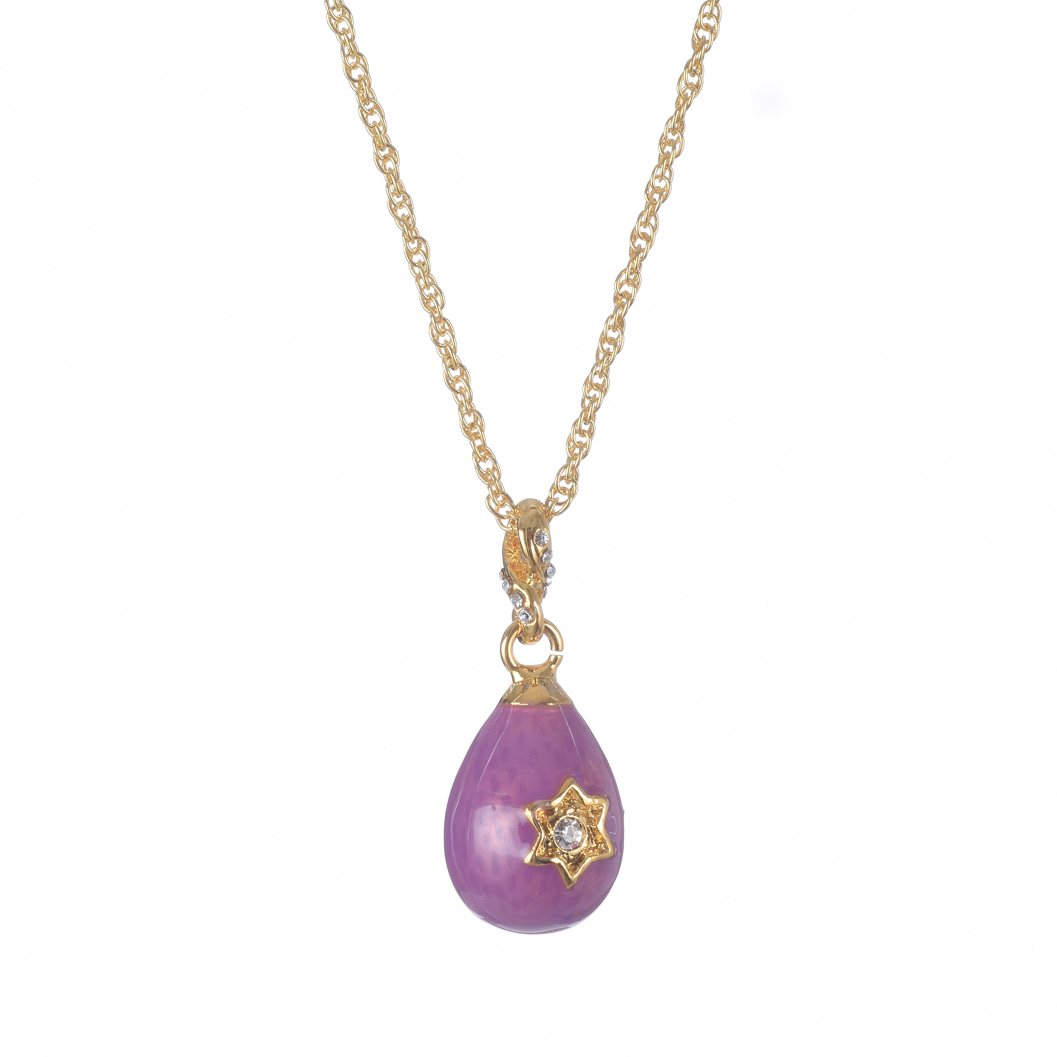 Purple teardrop pendant with gold star detail on a gold chain against a white background