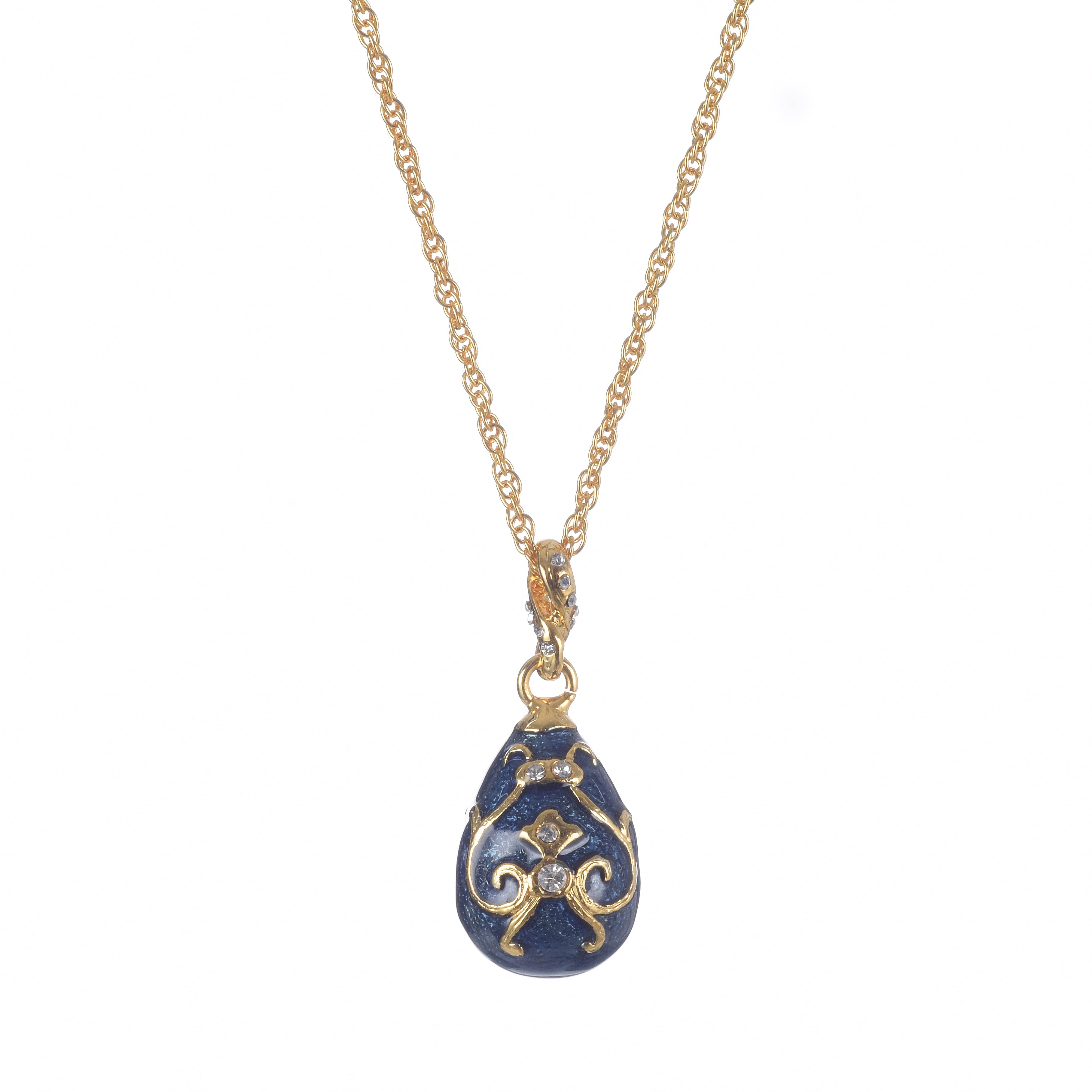 Blue Fabergé egg necklace with luxury gold plated pendant featuring Austrian crystals and ornate gold design on elegant chain - Designer Keren Kopal jewelry gift for women