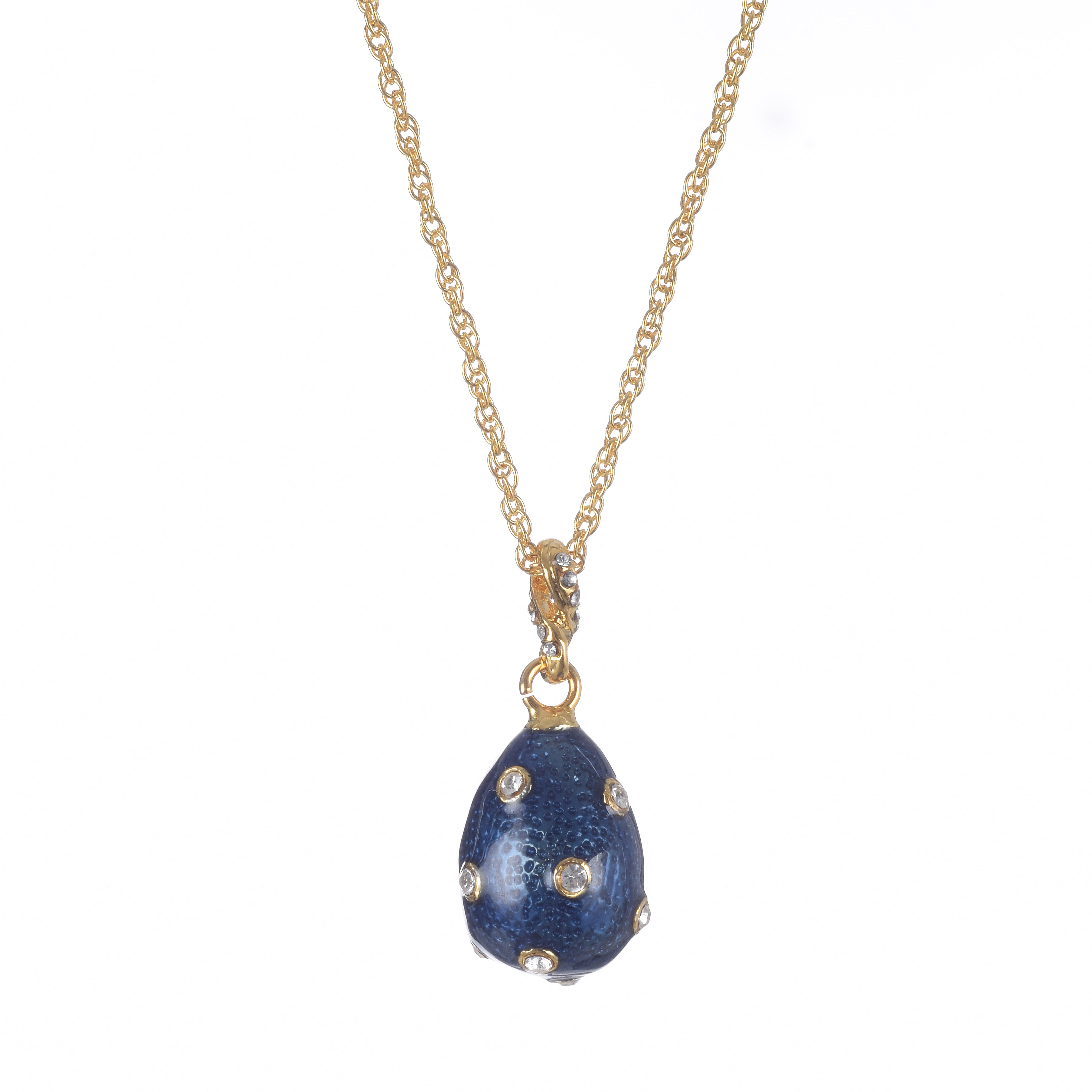 Blue pendant necklace with gold chain on a white background