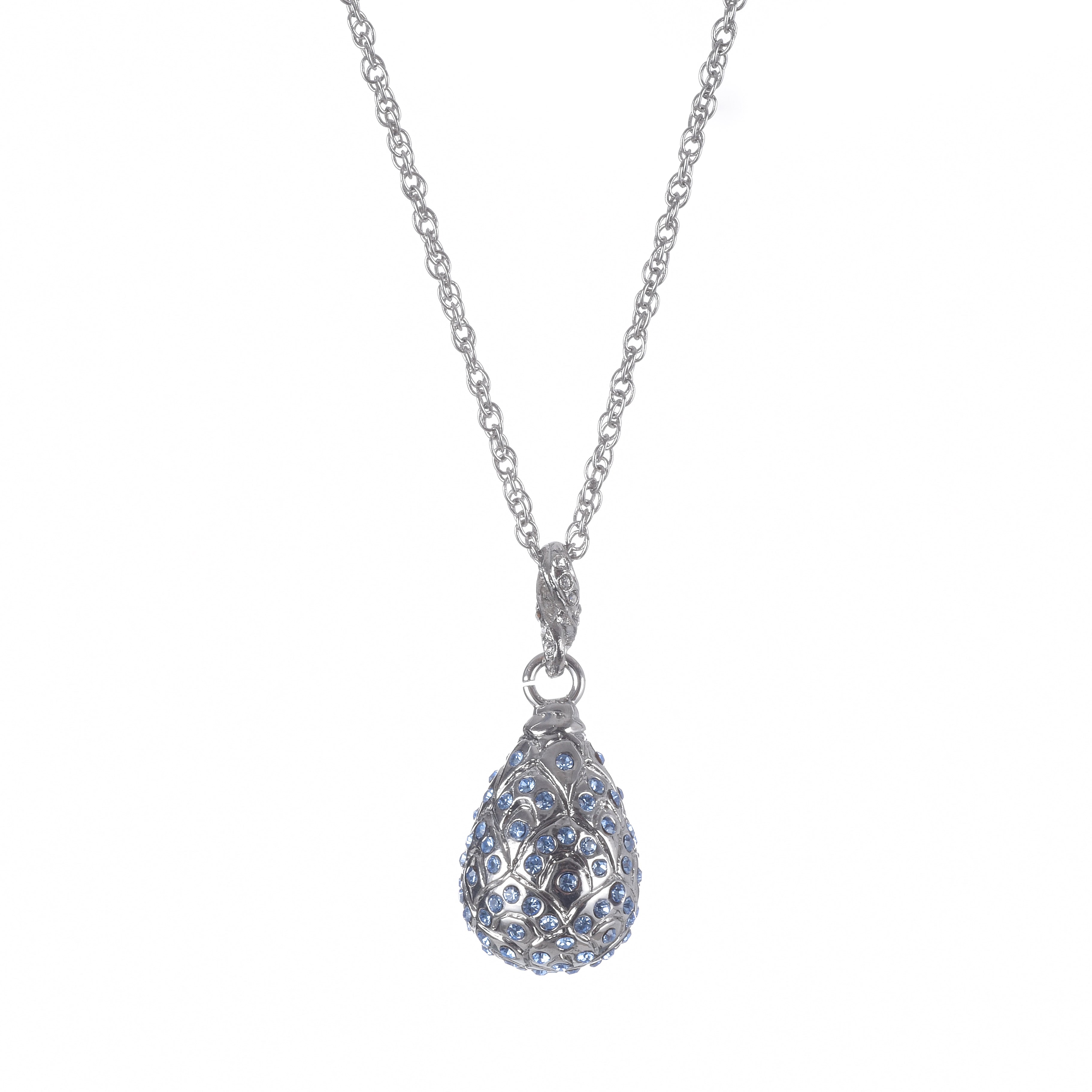 Silver necklace with a teardrop-shaped pendant on a white background