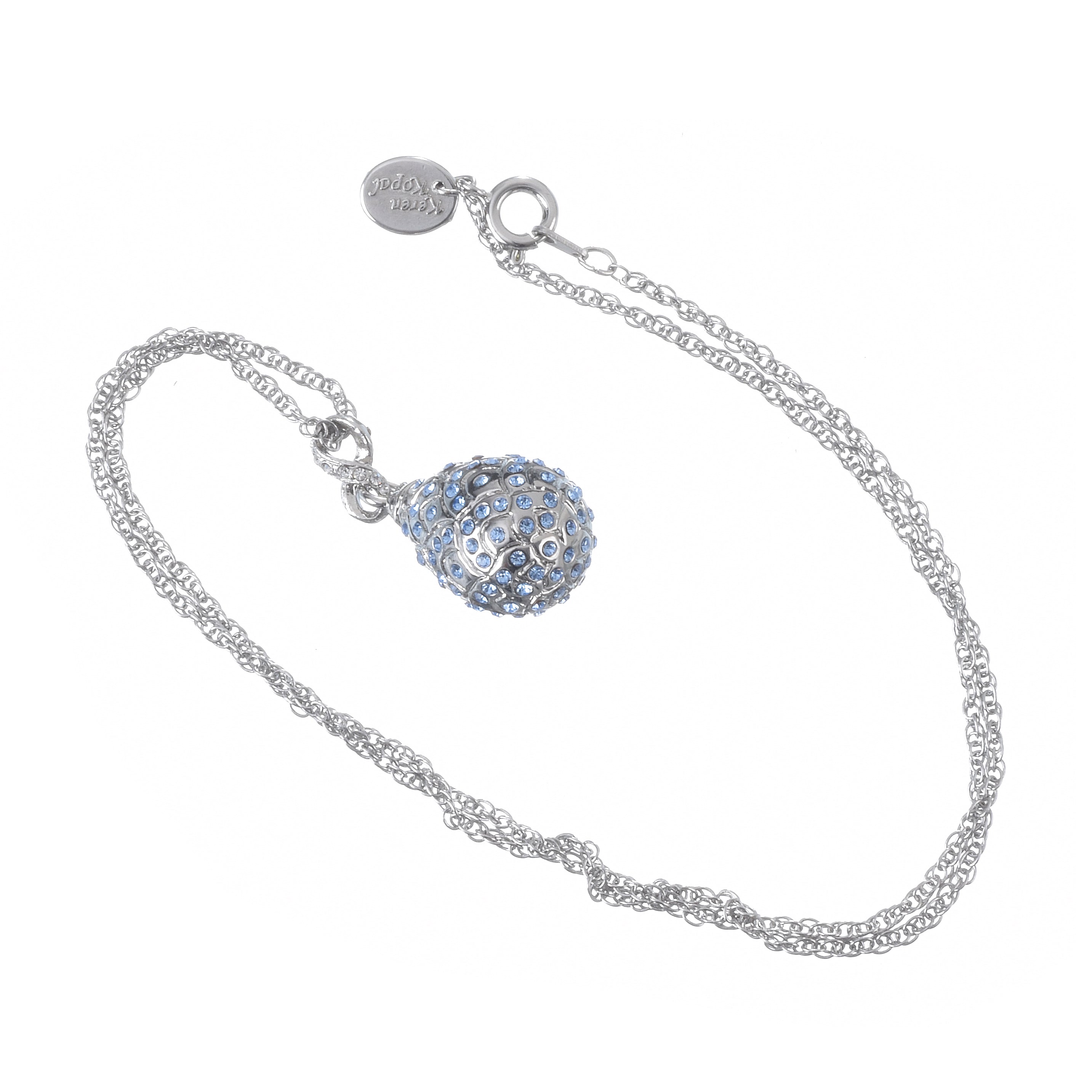 Silver egg pendant necklace with blue Austrian crystals and enamel painting