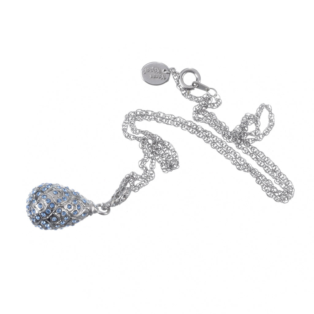 Silver Chain Necklace with Blue Egg Pendant and Keren Kopal Designer Tag - Luxury Austrian Crystal Jewelry - Complete Set View