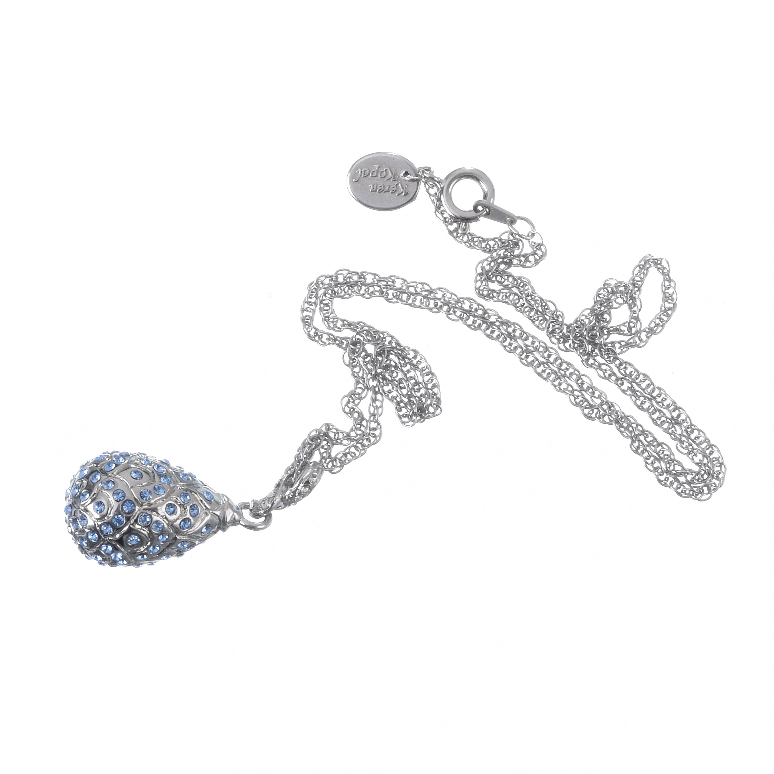 Silver Chain Necklace with Blue Egg Pendant and Keren Kopal Designer Tag - Luxury Austrian Crystal Jewelry - Complete Set View