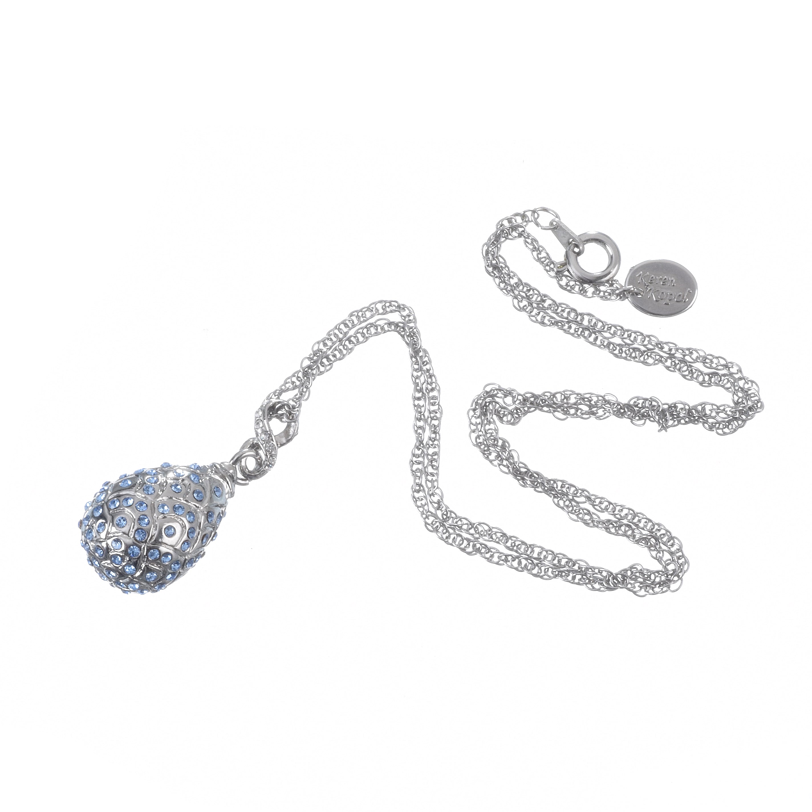 Silver teardrop egg pendant necklace with Austrian crystals on white background