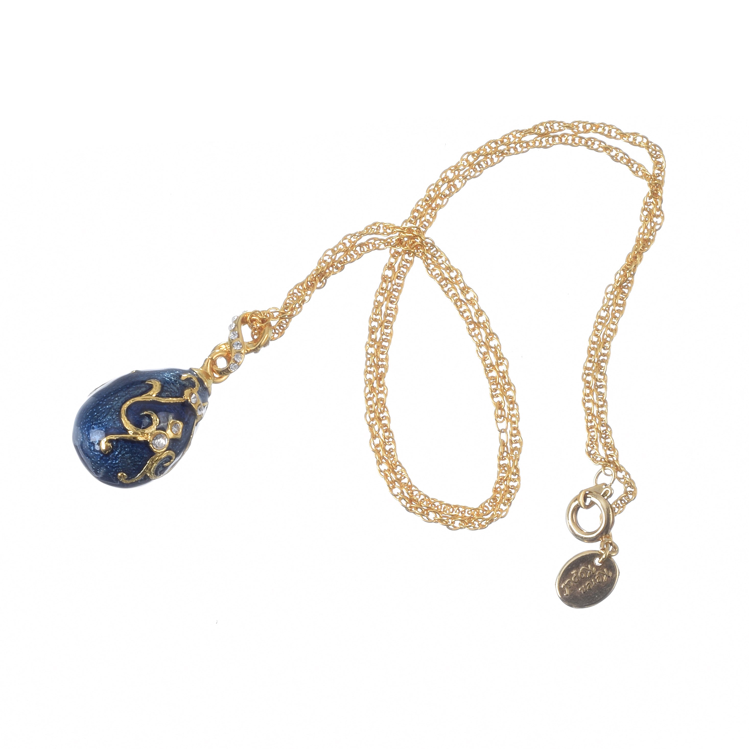 Luxury blue Fabergé style egg pendant necklace with 24K gold plated chain and clasp - Complete Austrian crystal jewelry gift by designer Keren Kopal