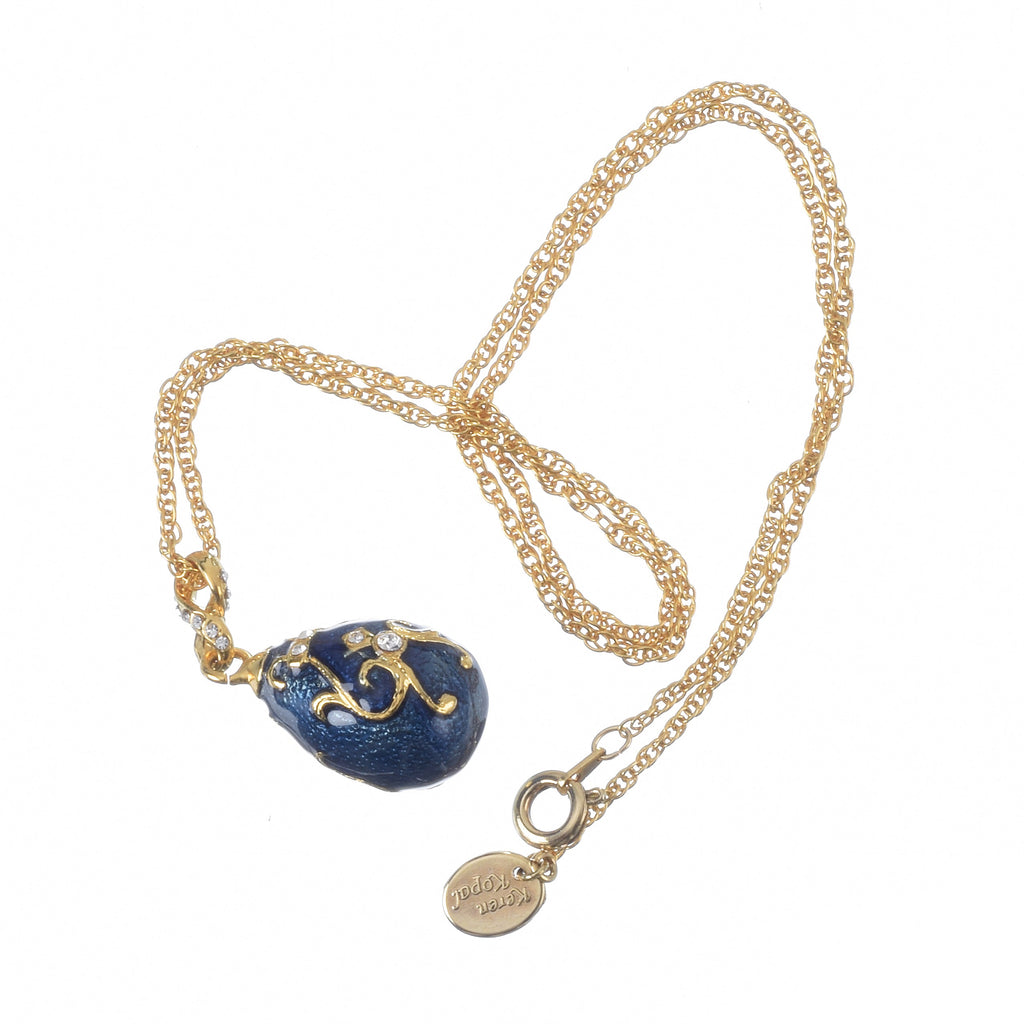 Blue and gold Fabergé egg pendant necklace showing intricate gold chain design with toggle clasp - Luxury Austrian crystal jewelry gift for women by Keren Kopal designer
