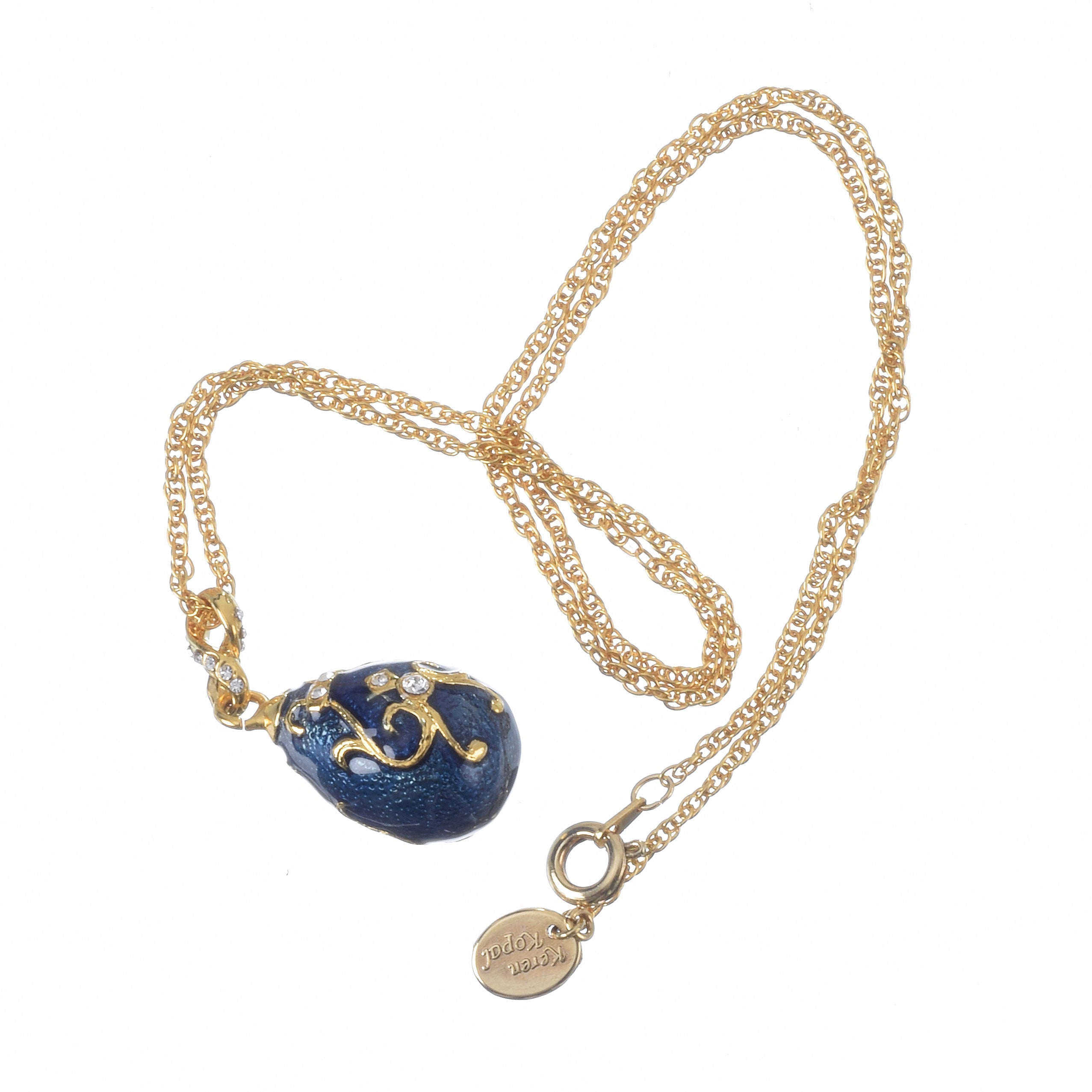 Blue and gold Fabergé egg pendant necklace showing intricate gold chain design with toggle clasp - Luxury Austrian crystal jewelry gift for women by Keren Kopal designer