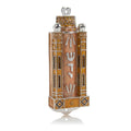 Decorative wooden mezuzah case with silver accents on a white background