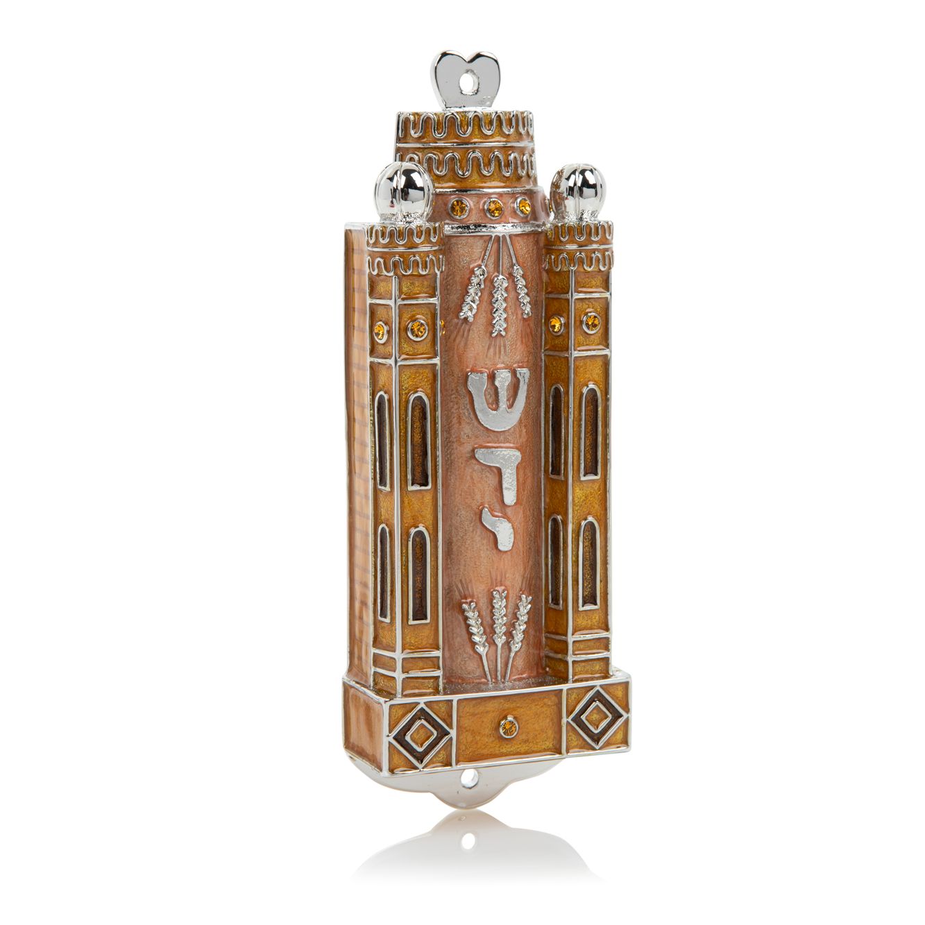 Decorative wooden mezuzah case with silver accents on a white background