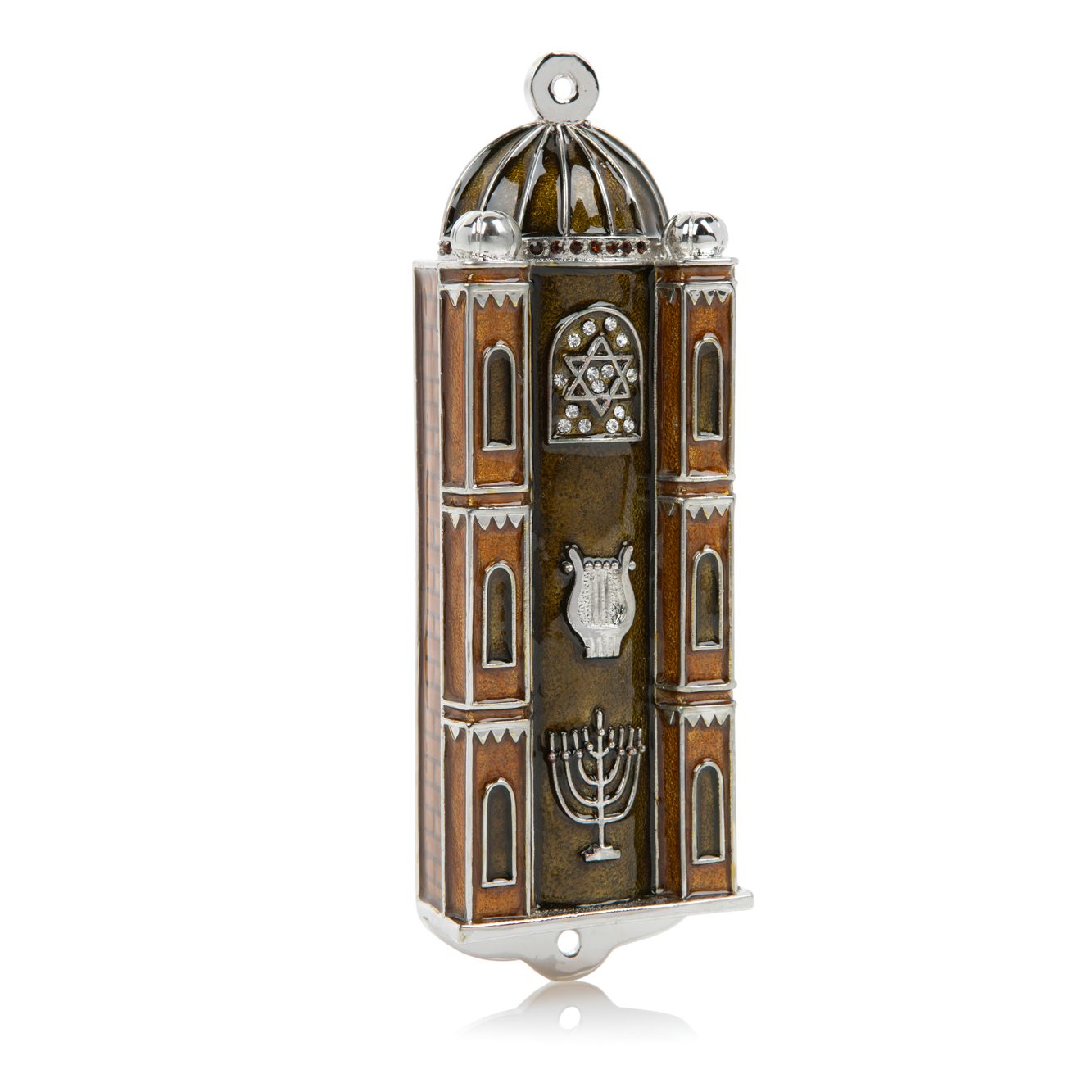 Decorative mezuzah case with architectural design on a white background