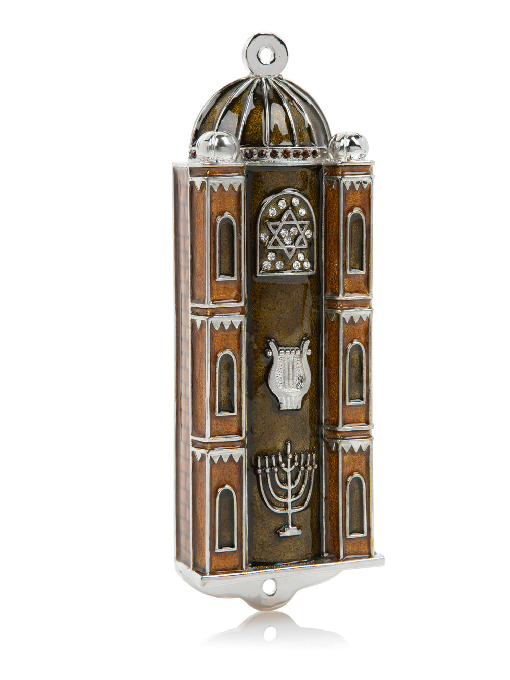 Decorative tower ornament with architectural details on a white background