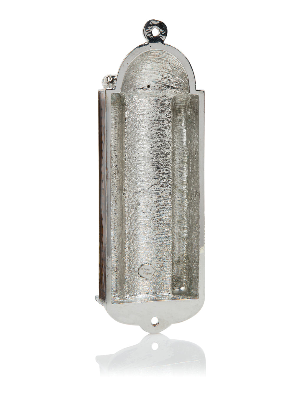 Brown Judaica mezuzah with architectural Holy Ark design on white background