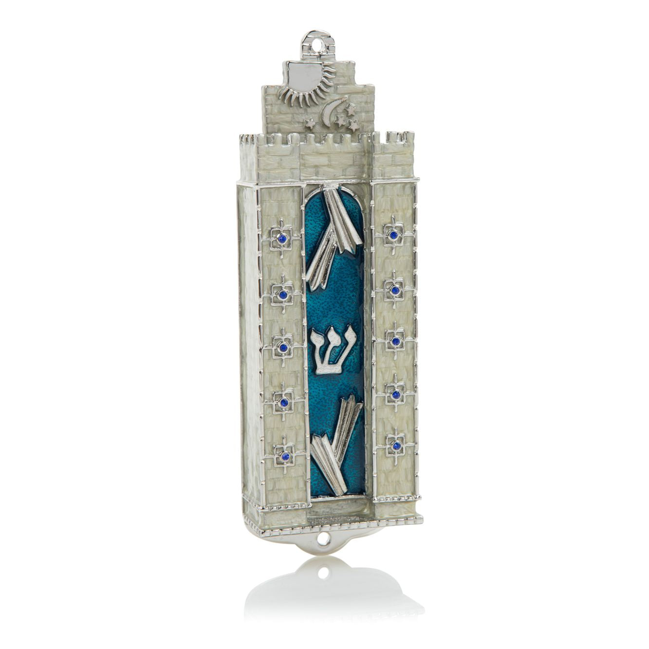 Decorative Mezuzah case with blue cover and silver details on a white background