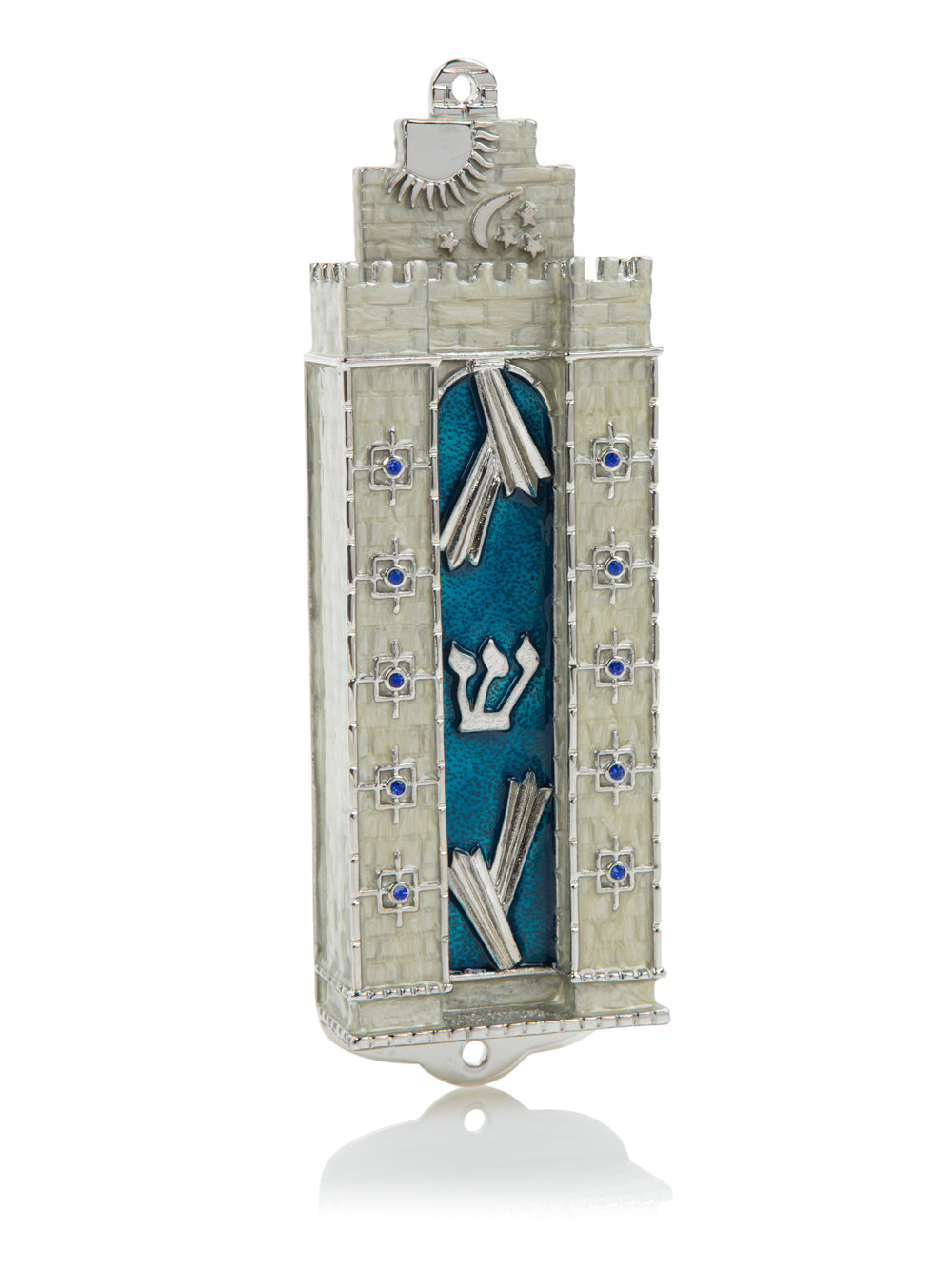 Decorative silver door with blue interior on a white background