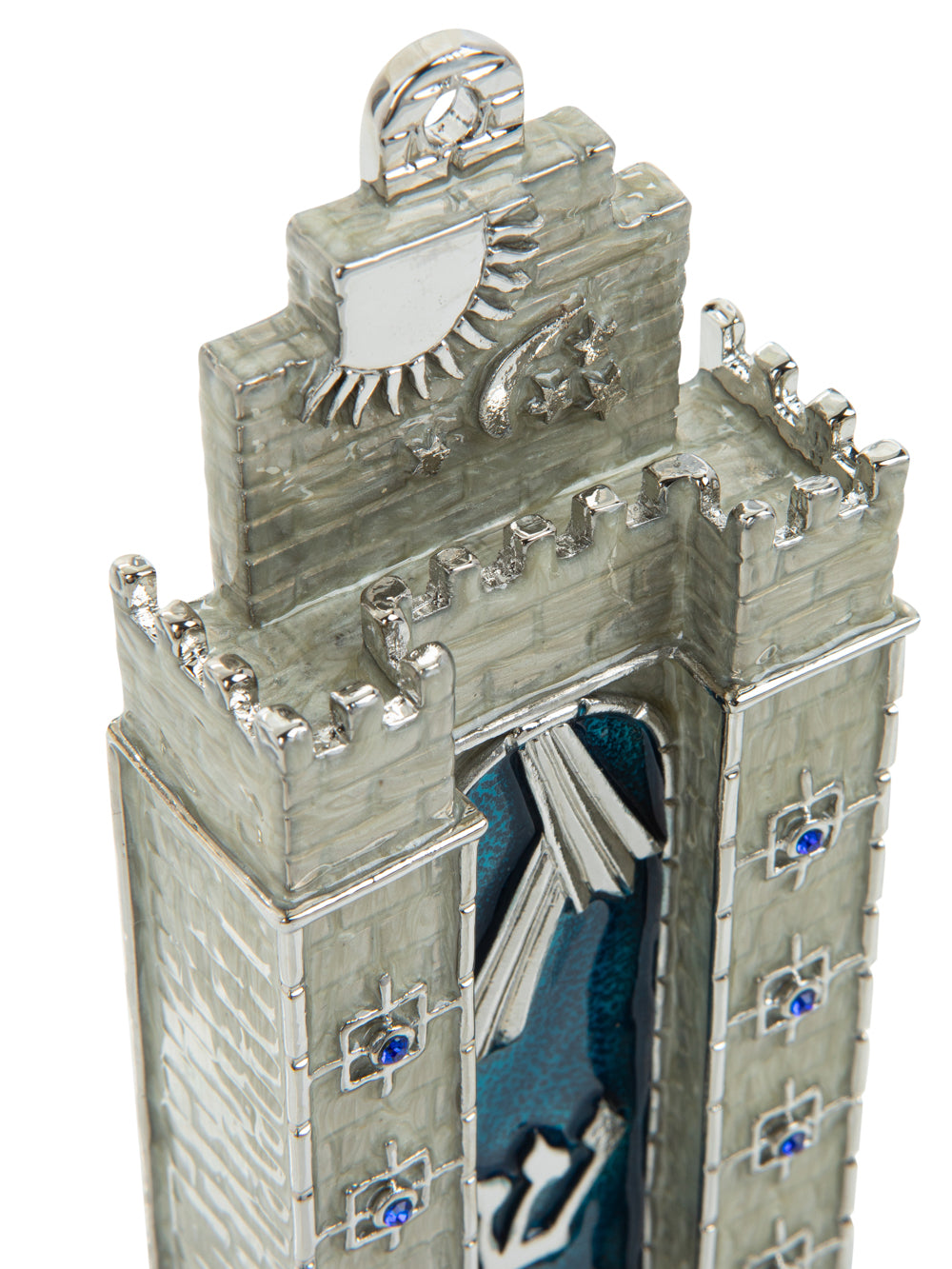 Western Wall mezuzah with Jerusalem stone texture and silver details on white background