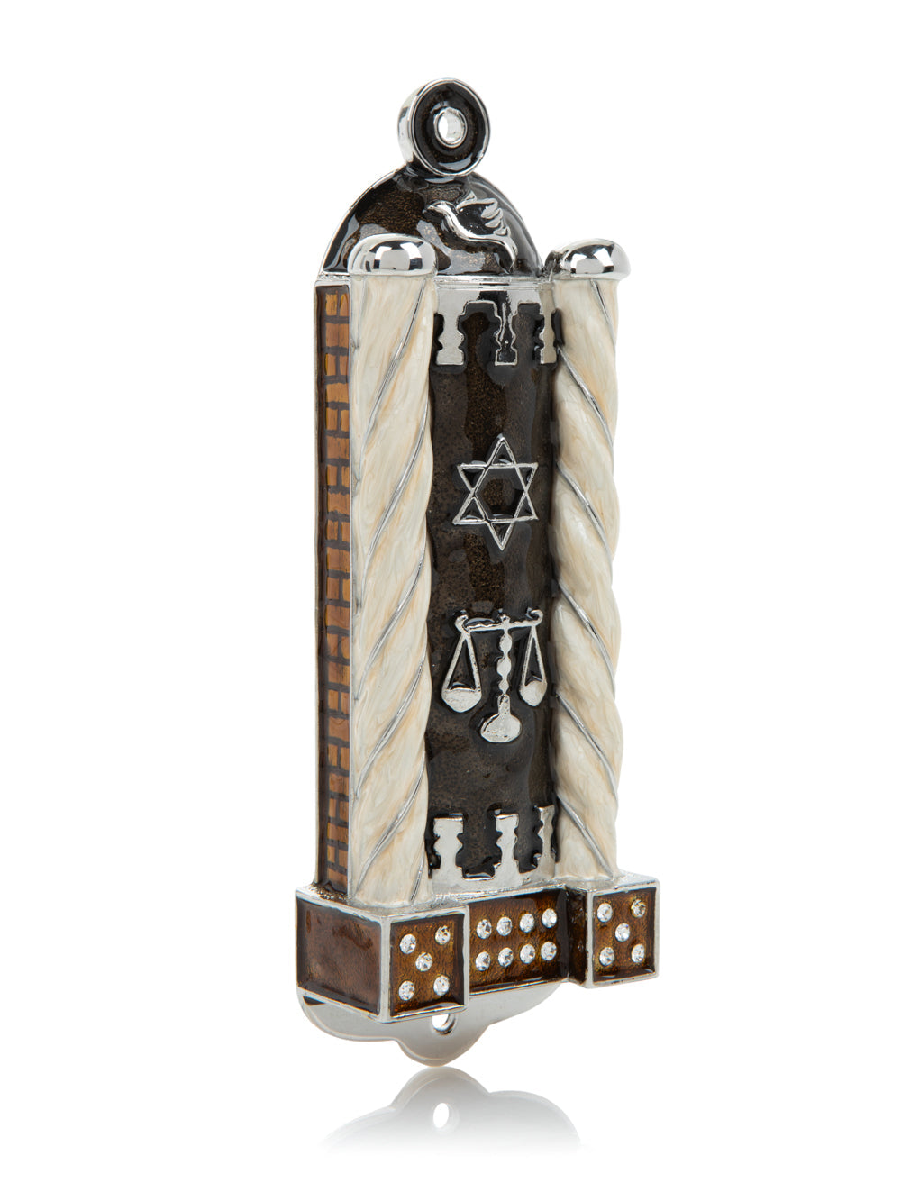 Decorative mezuzah case with Star of David and scales on a white background