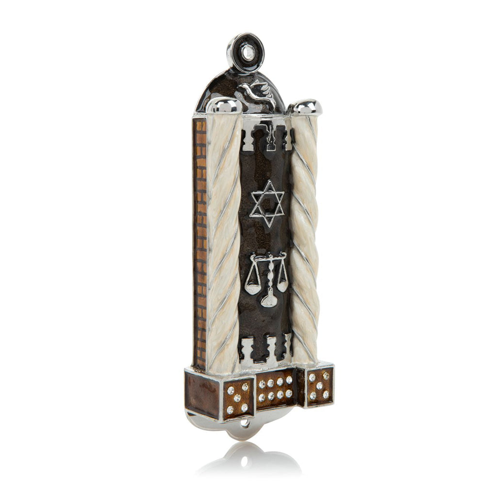 Decorative mezuzah case with Star of David and scales on a white background