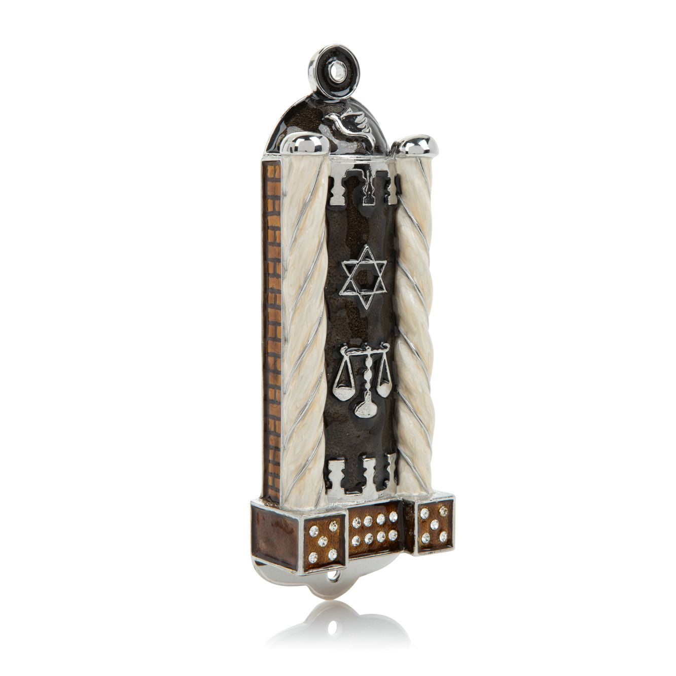 Decorative mezuzah case with Star of David and scales on a white background