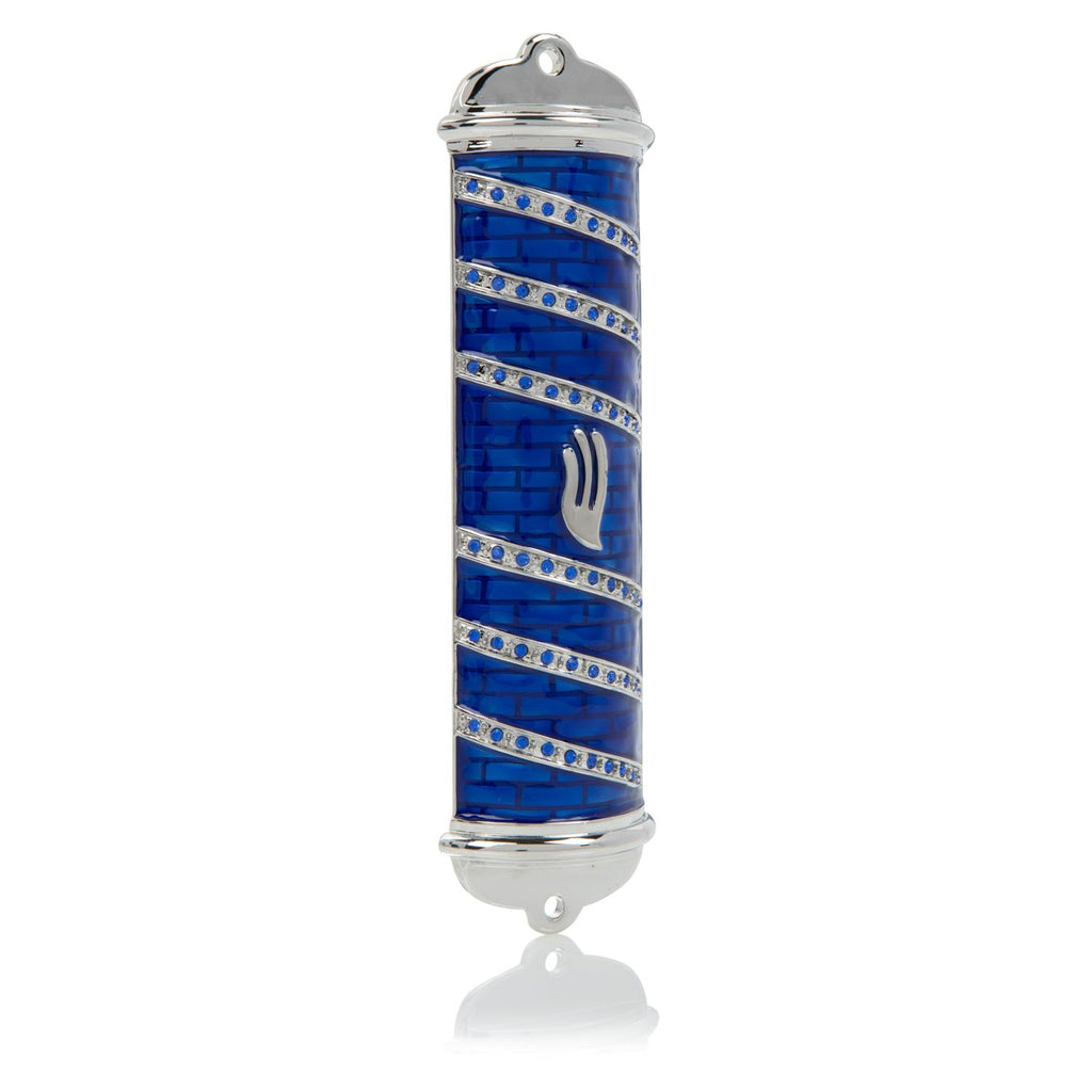 Vertical Blue Western Wall Mezuzah with diagonal crystal bands and Hebrew Shin letter - Pewter luxury Judaica case by RV Collectibles