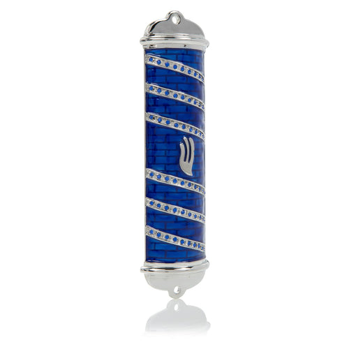 Vertical Blue Western Wall Mezuzah with diagonal crystal bands and Hebrew Shin letter - Pewter luxury Judaica case by RV Collectibles