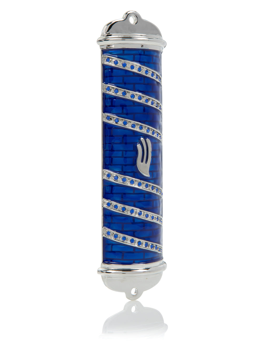 Full-length Blue Western Wall Mezuzah with Hebrew Shin letter and diagonal crystal bands - Pewter Judaica case by RV Luxury Collectibles