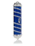 Full-length Blue Western Wall Mezuzah with Hebrew Shin letter and diagonal crystal bands - Pewter Judaica case by RV Luxury Collectibles