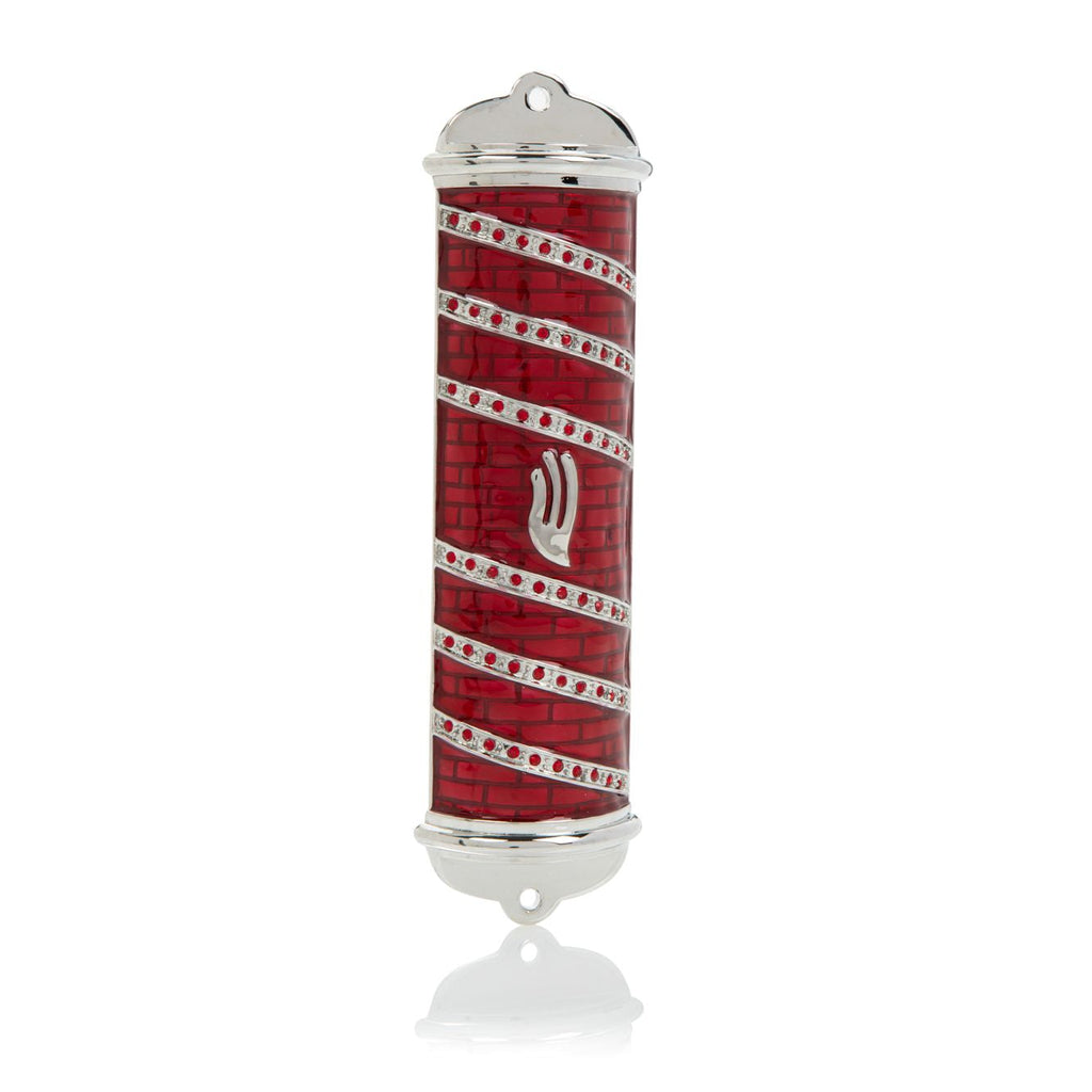 Red Modern Mezuzah with crystal embellishments and 925 Silver accents - Jewish doorpost case by RV Luxury