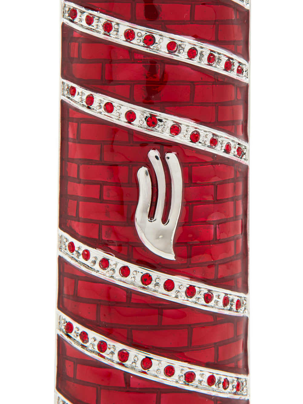 Red Modern Mezuzah close-up showing Hebrew Shin letter with silver bands and red Austrian crystals - RV Luxury Judaica