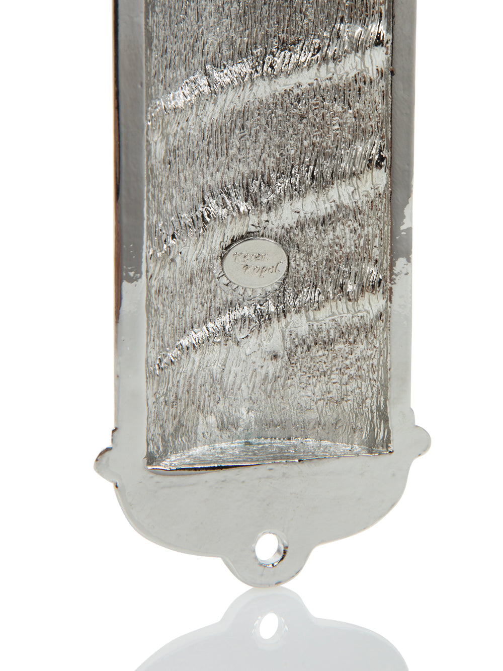 Close-up detail of silver Western Wall Mezuzah showing Jerusalem stone brick texture with crystal embellishments - RV Luxury Judaica collectible