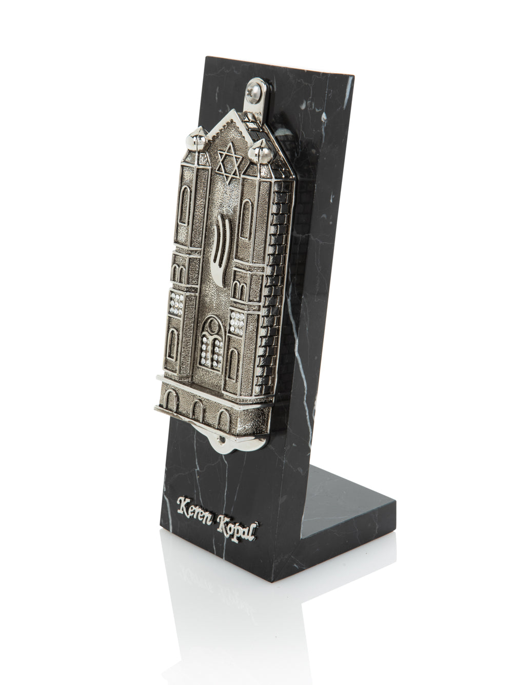 Silver Holy Ark mezuzah on black stand with Keren Kopal branding