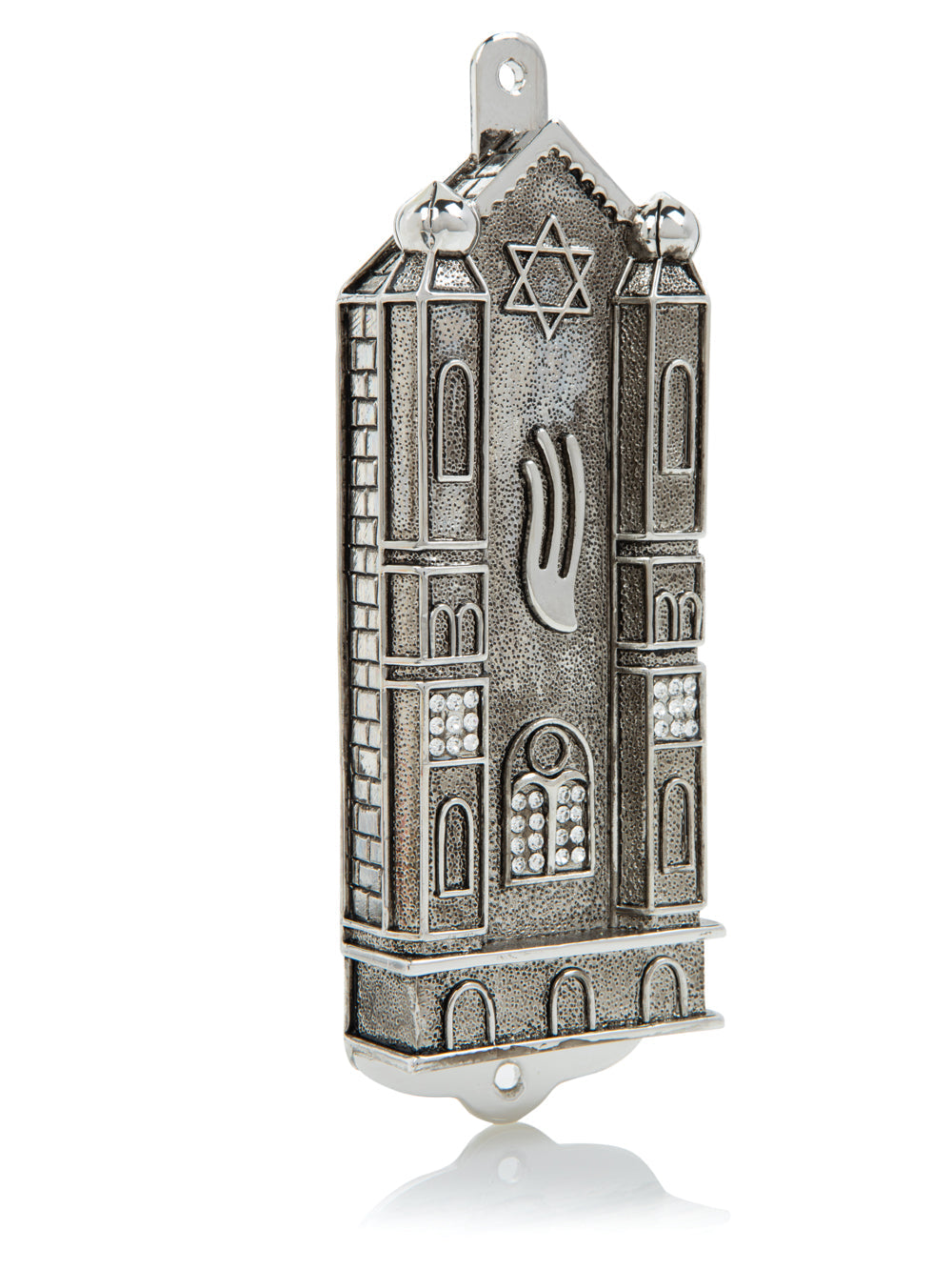 Decorative silver mezuzah case with Star of David and Hebrew text on a white background