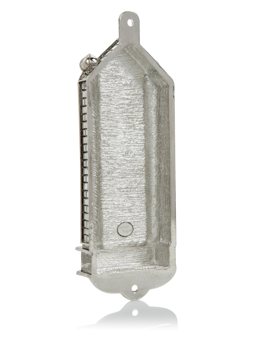 Silver Holy Ark mezuzah with Star of David and Hebrew text on white background