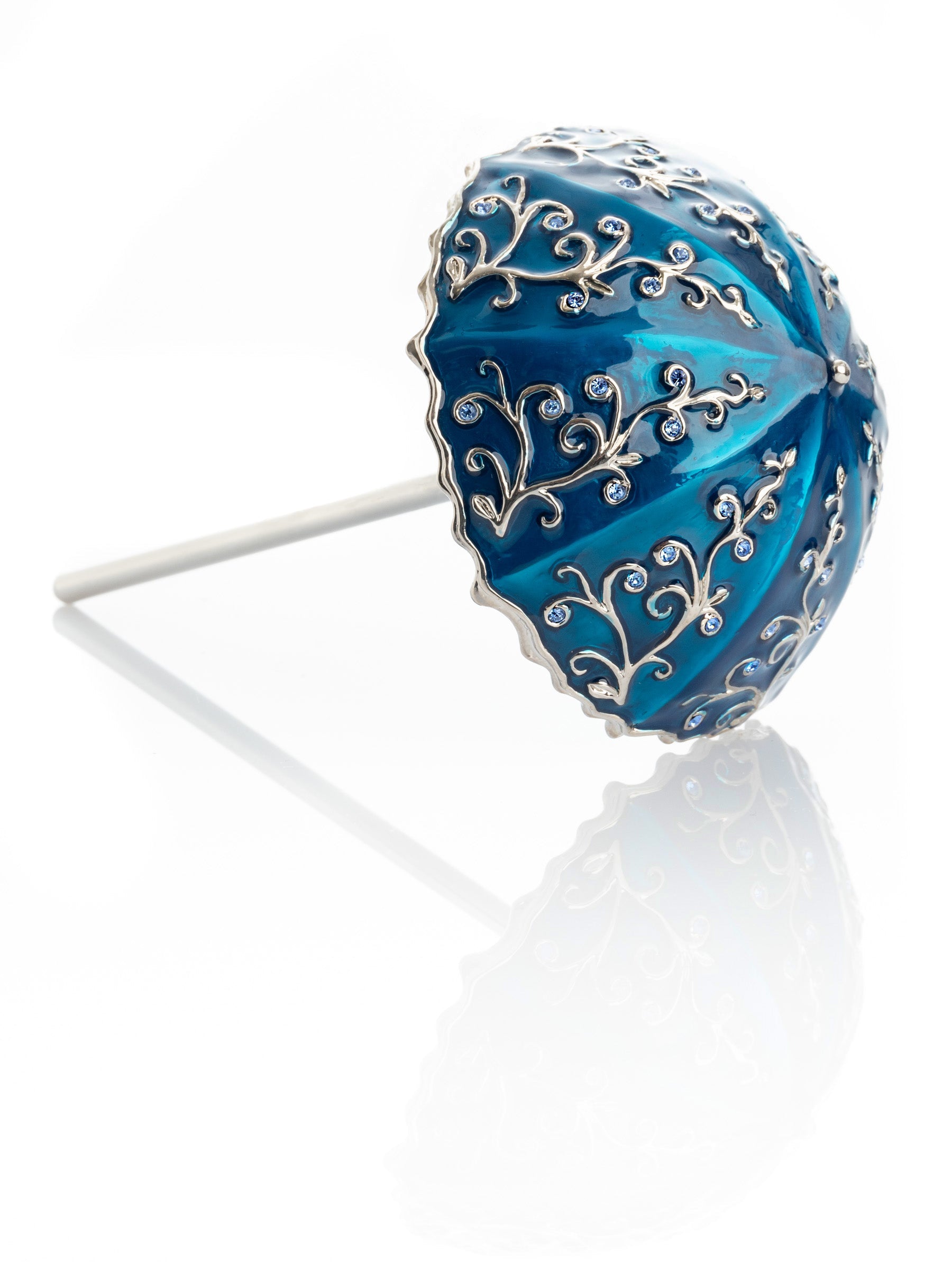 Blue umbrella trinket box with Swarovski crystals and silver filigree on white background