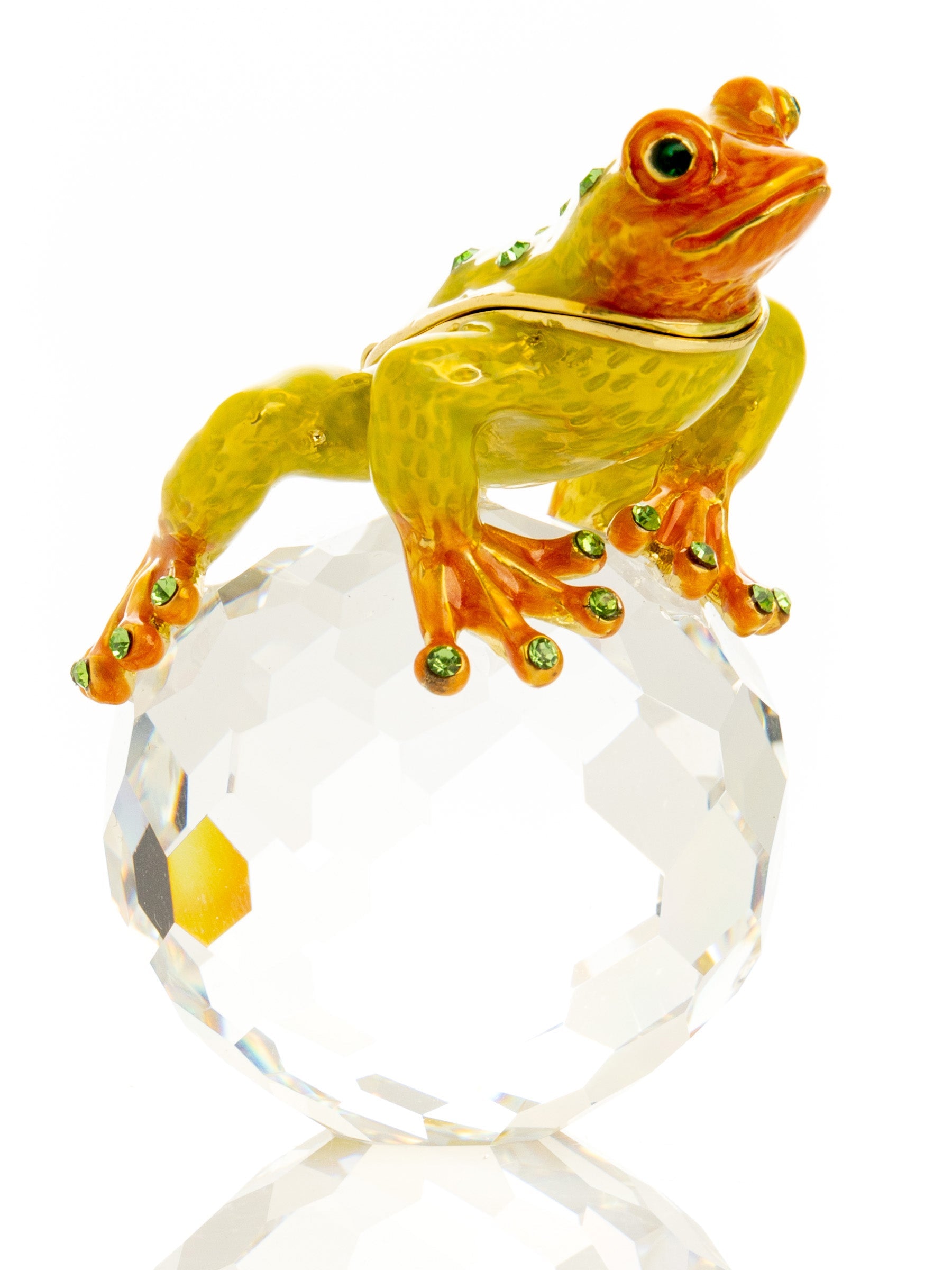 Decorative frog figurine on a crystal ball with a white background
