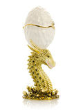 Golden Dragon Head Detail - White Fabergé Egg Trinket Box with 24K Gold Plating and Austrian Crystals - Luxury Keren Kopal Collectible
