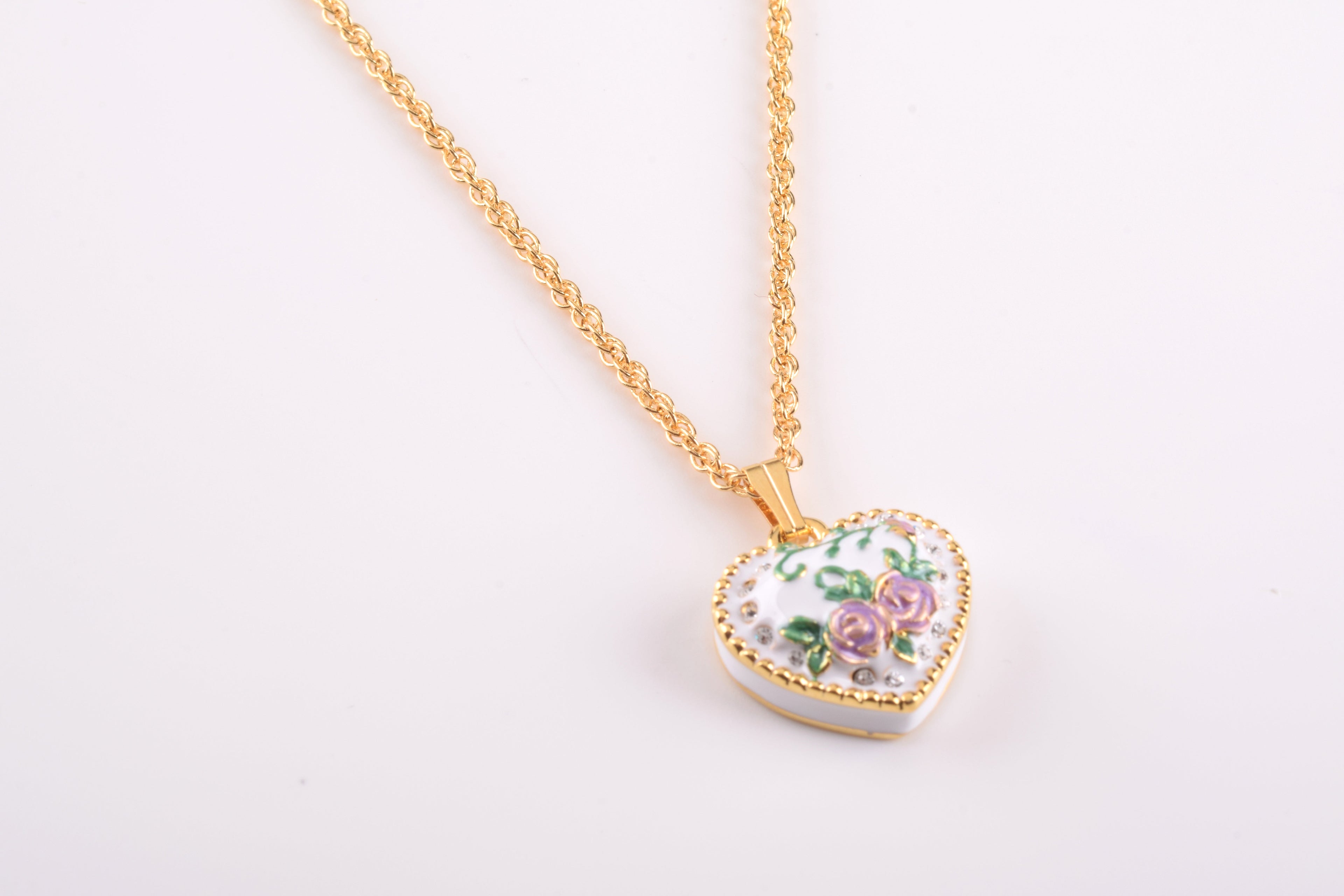 Luxury white heart pendant necklace with crystal floral design and gold chain - Designer Keren Kopal enamel jewelry - Valentine's Day gift