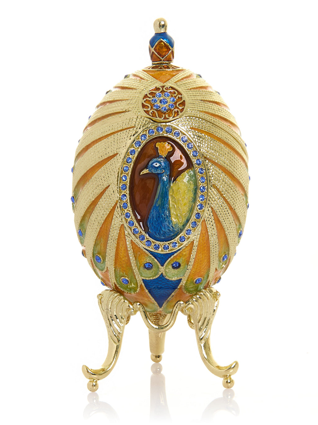 Decorative egg with peacock design on a white background